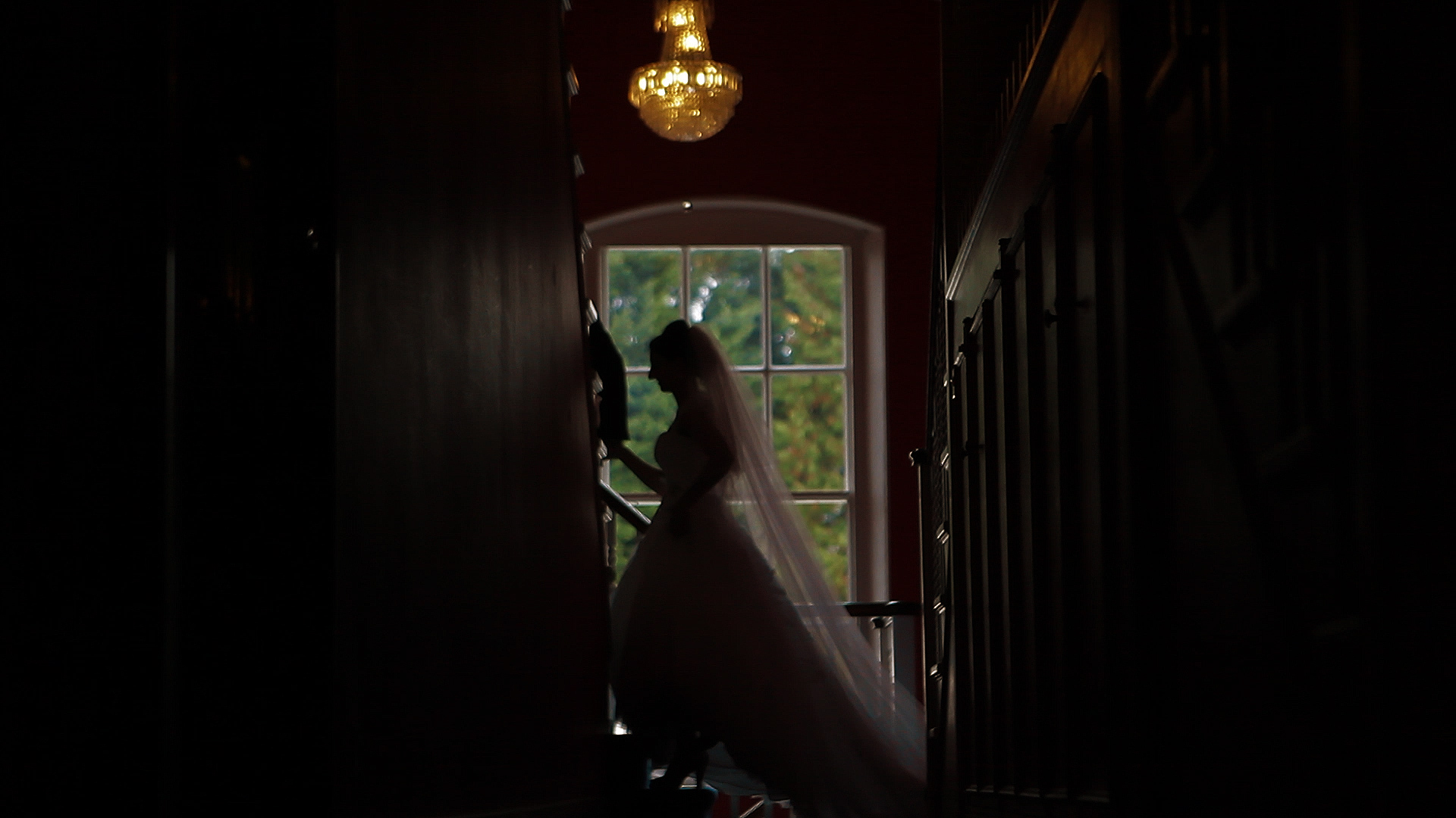 Quendon Hall, parklands, bride in the window 2